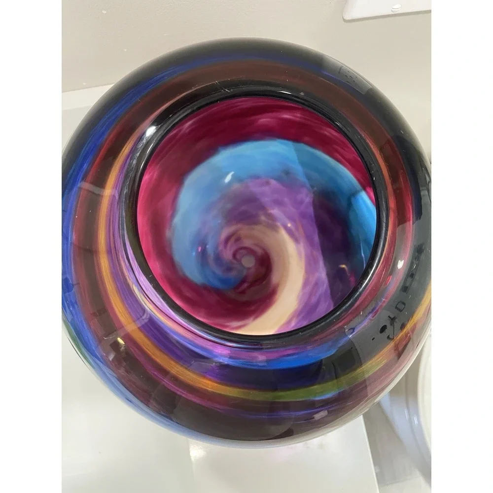 Stephen R. Nelson Signed Hand Blown Studio Art Glass Vase Multicolor Ribbon 8.5